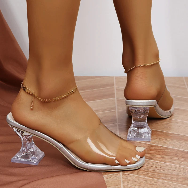 Lucyever Strange Transparent Heels Slippers Women Summer Plus Size Clear Pvc Sandals Woman Slip On High Heeled Party Shoes Muejr